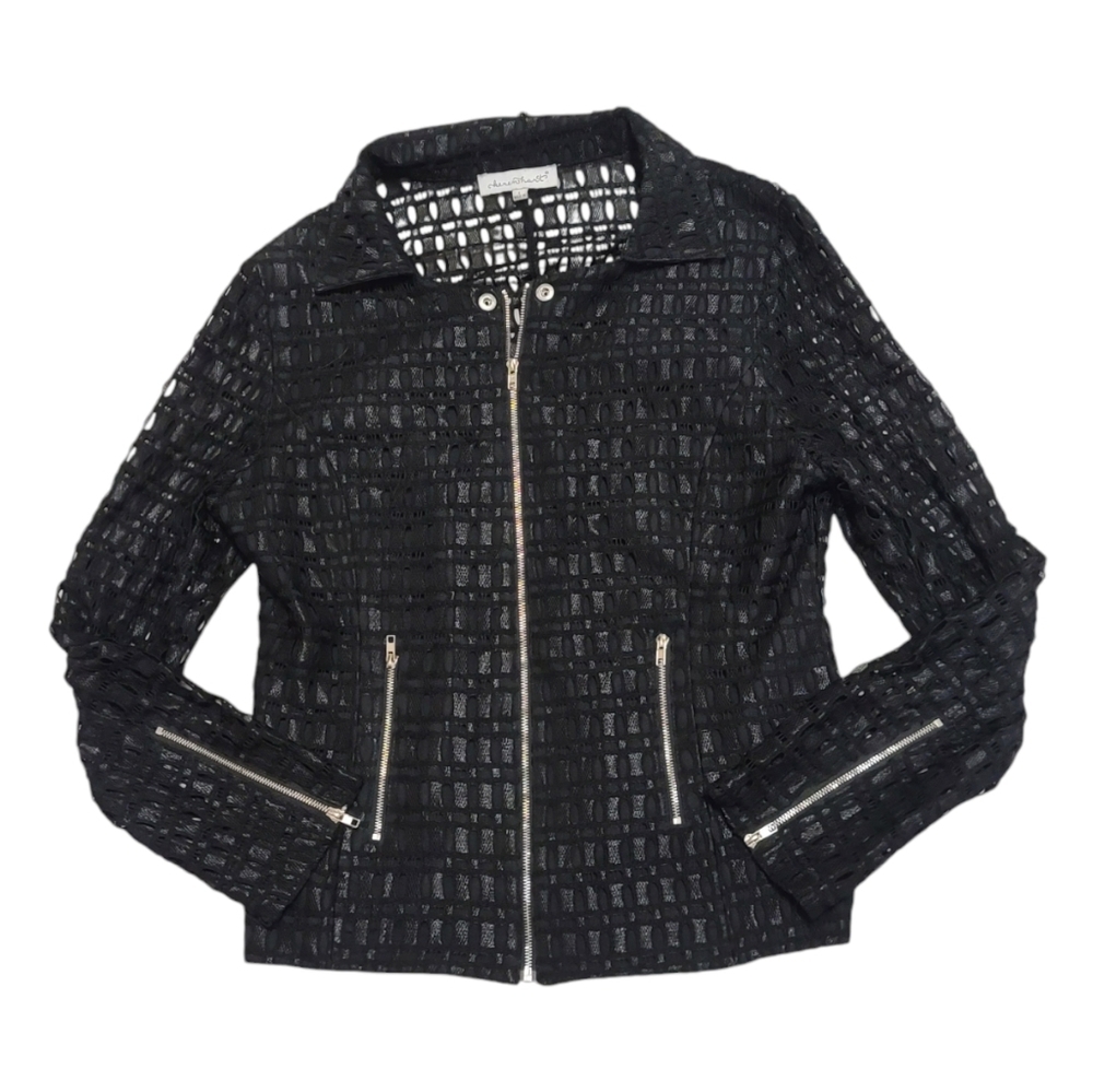 Keren Hart black lace zip front, wrist zipper detail jacket size large